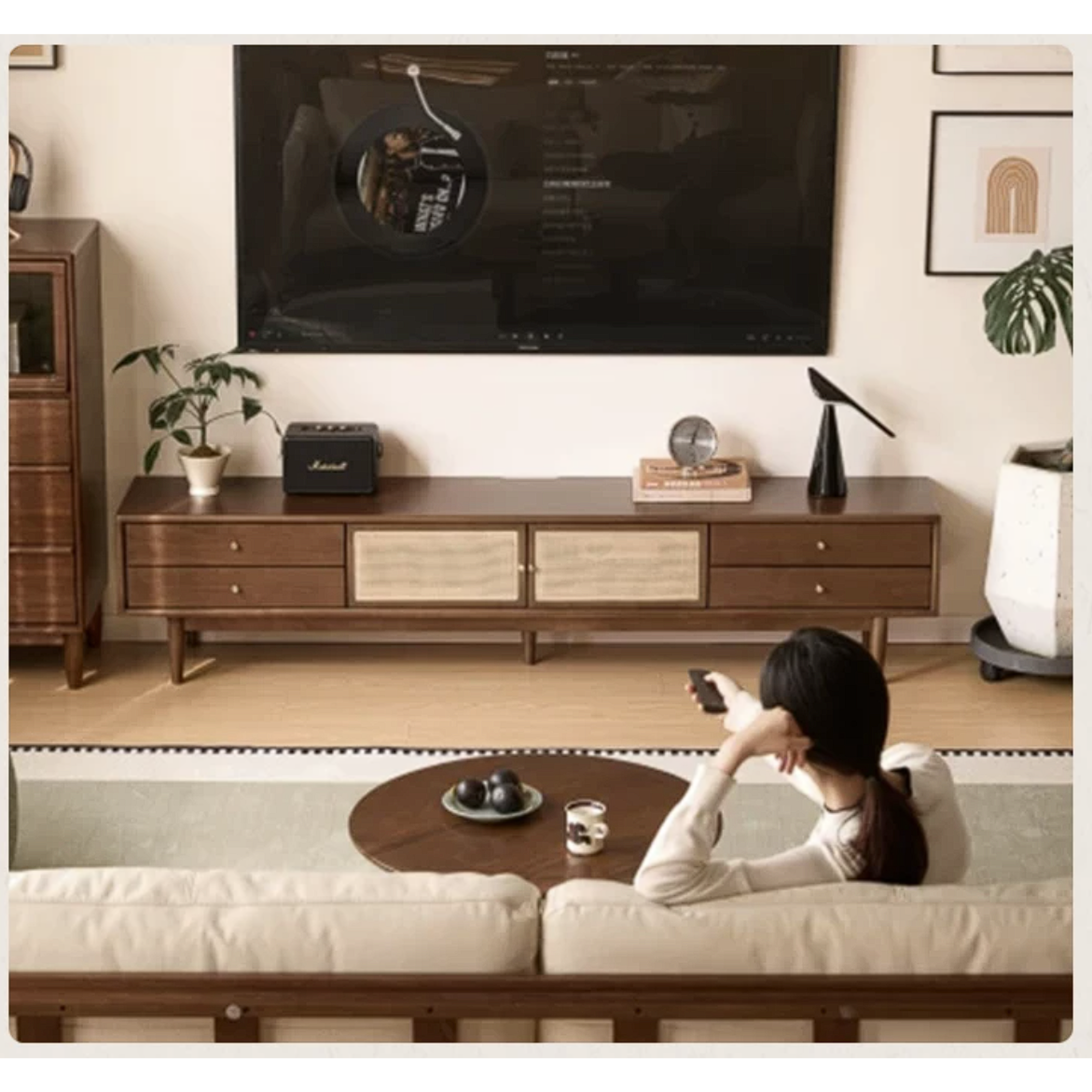 Birch Solid Wood TV Cabinet with Rattan Storage Design