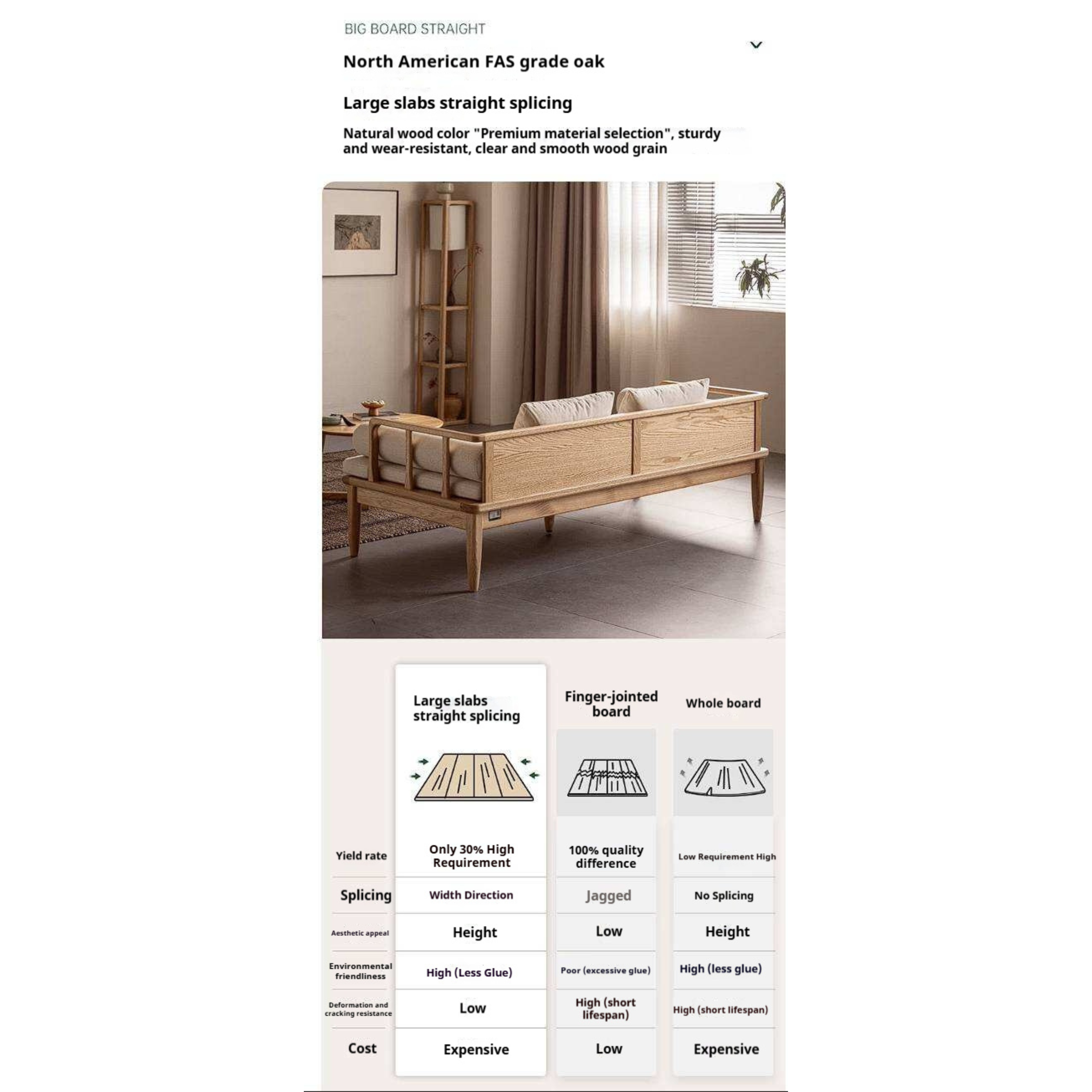 Oak Solid Wood Daybed Sofa with Removable Linen Cushions