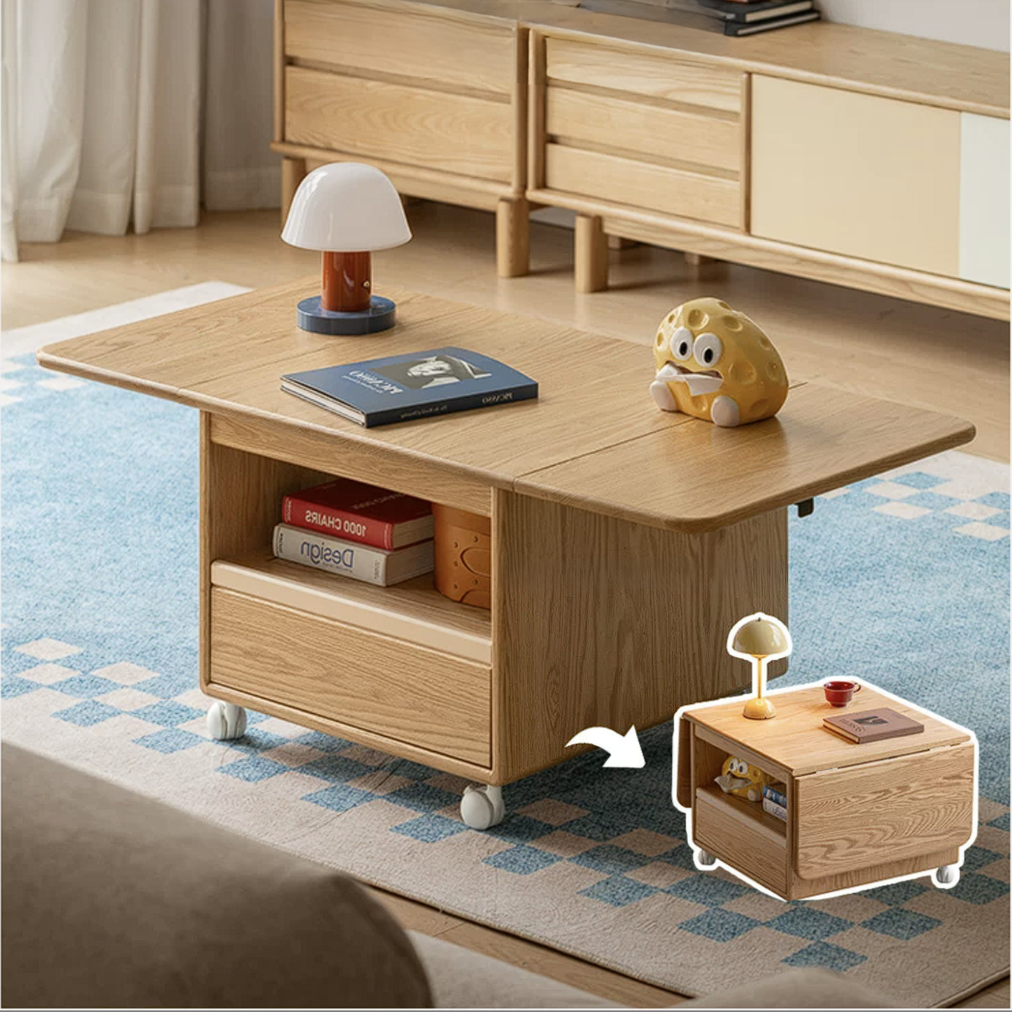 Oak Solid Wood Coffee Table with Foldable Design and Movable Base