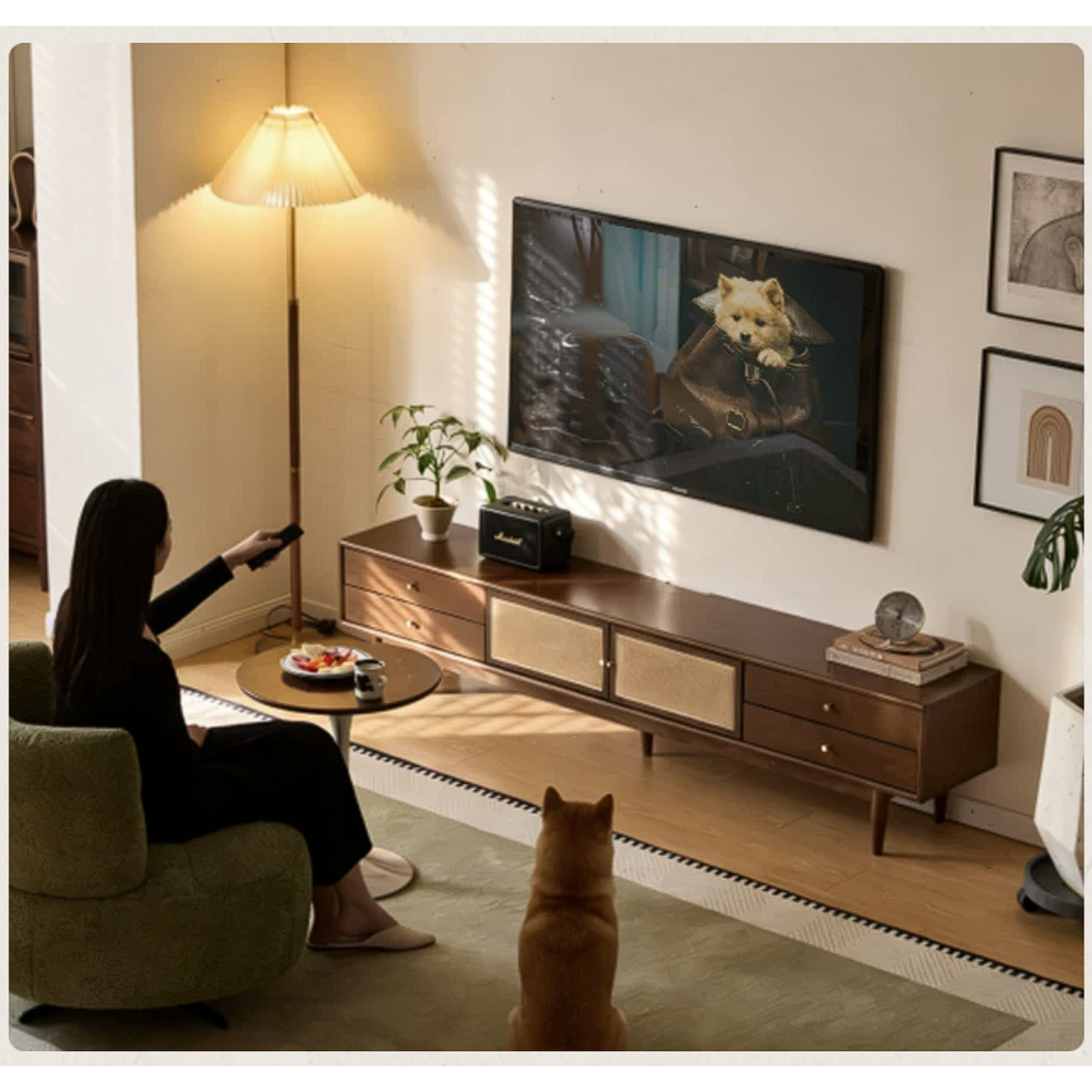 Birch Solid Wood TV Cabinet with Rattan Storage Design