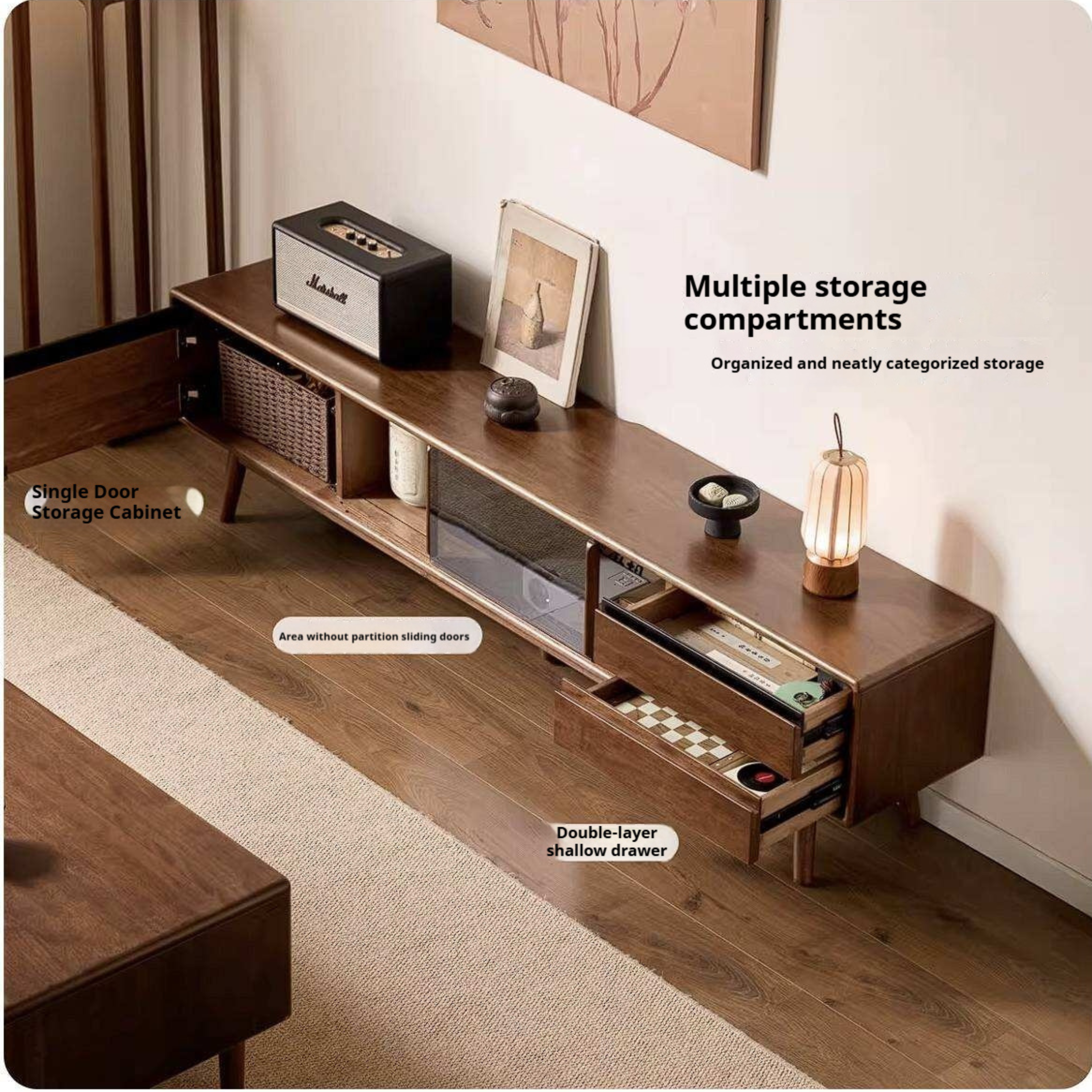Golden Pear Solid Wood TV Cabinet with Sliding Door Storage Cabinet