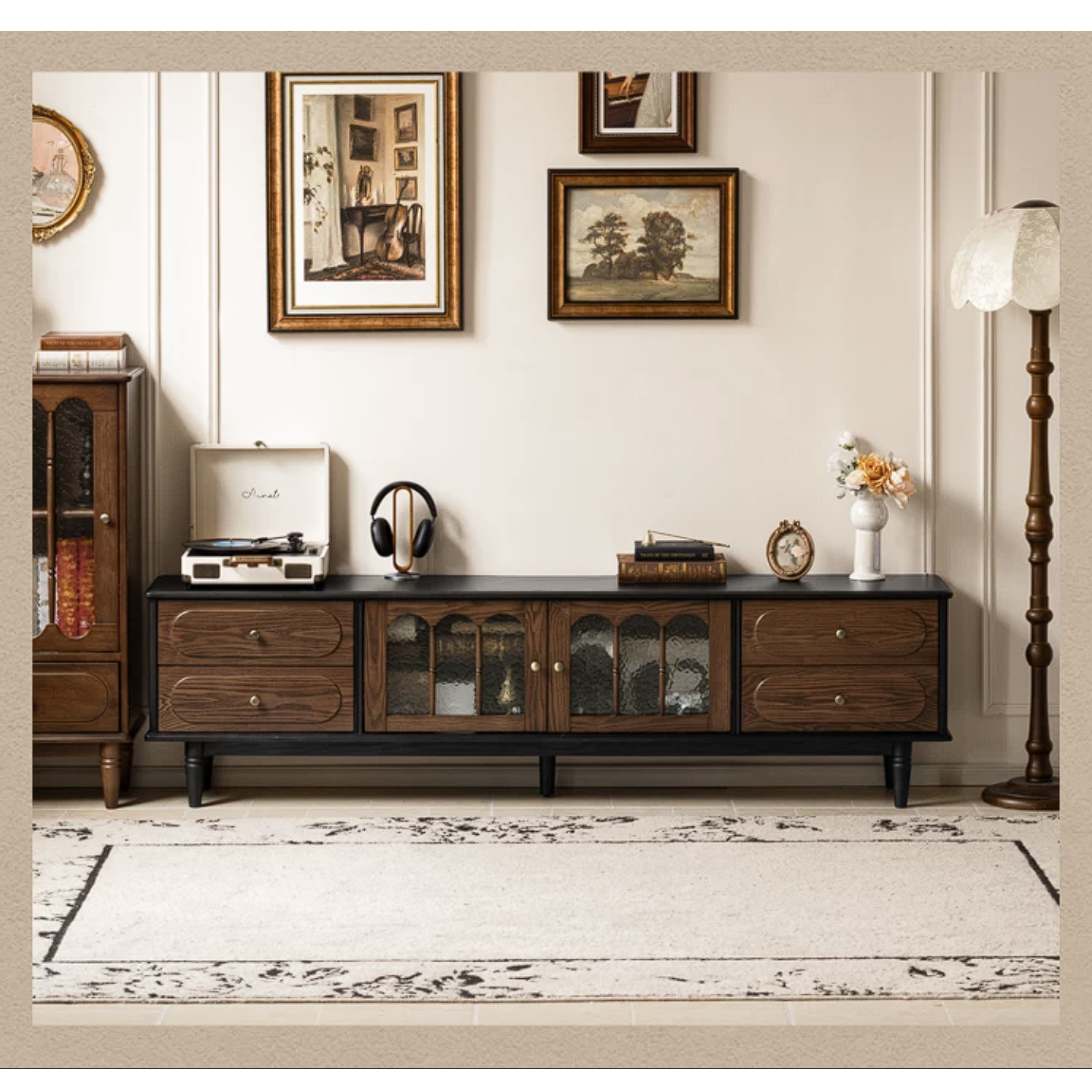 Ash Solid Wood TV Cabinet with Tall Storage and French Retro Design