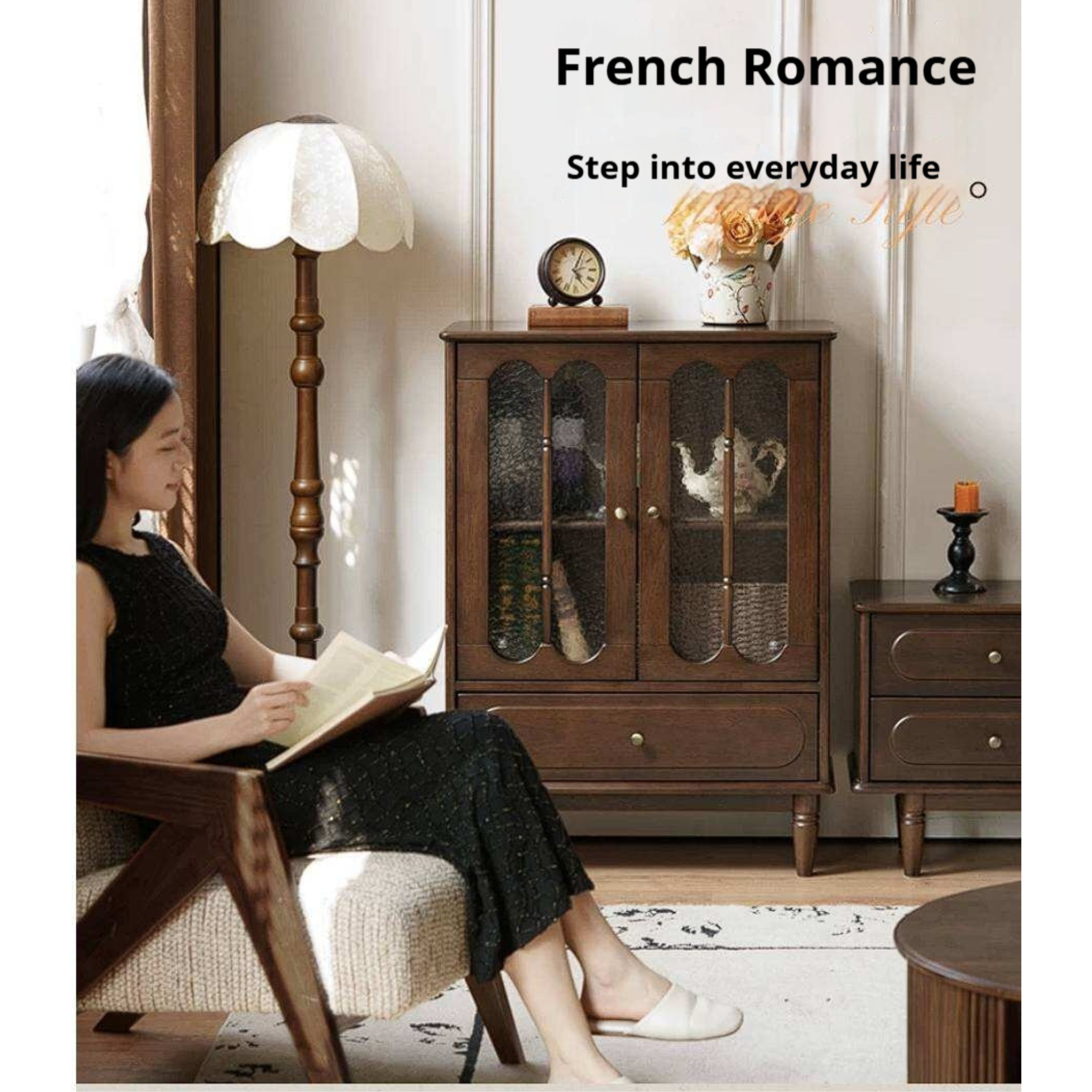 Golden Pearwood Solid Wood Side Cabinet  French Retro Design