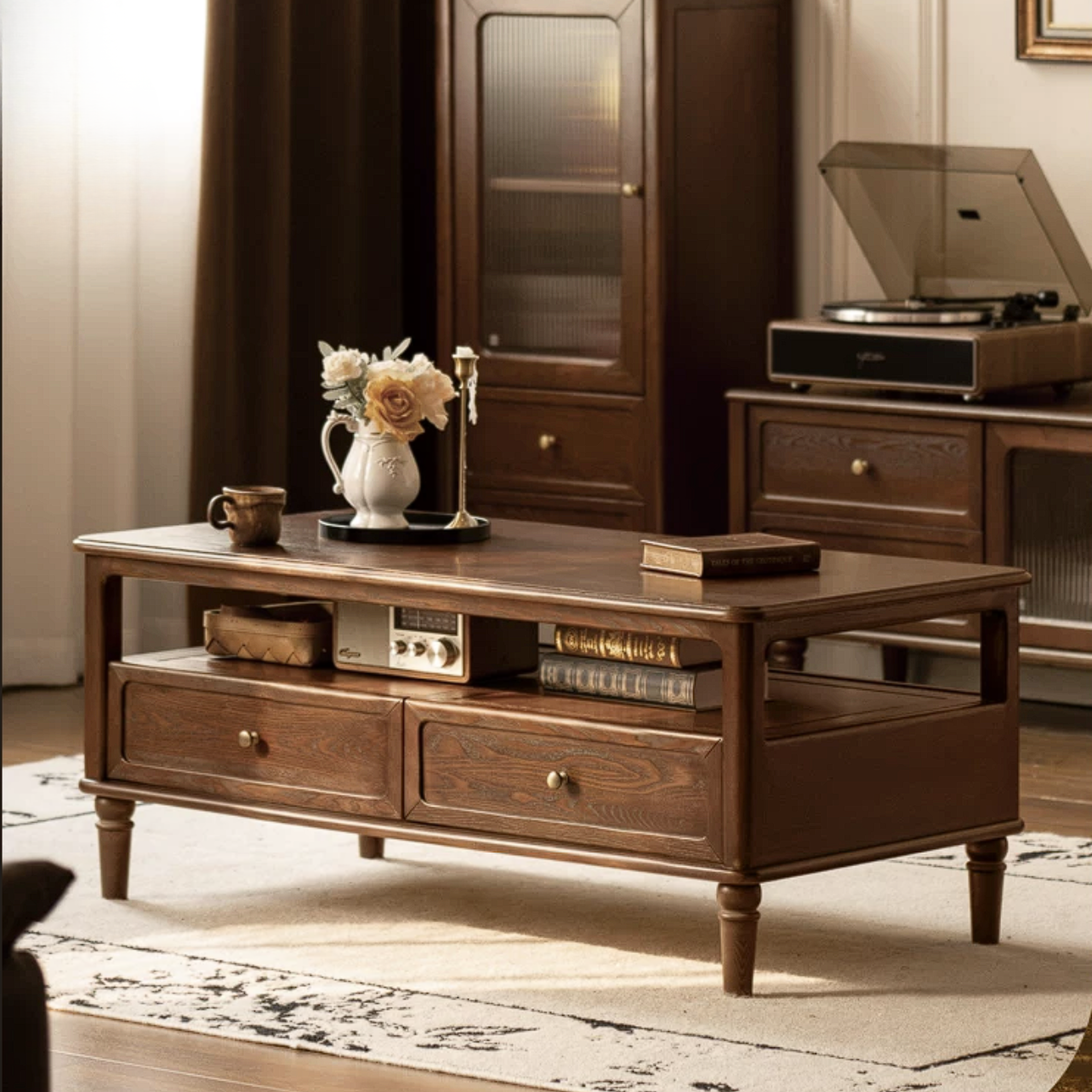 Ash Solid Wood Coffee Table with Drawers and Open Storage