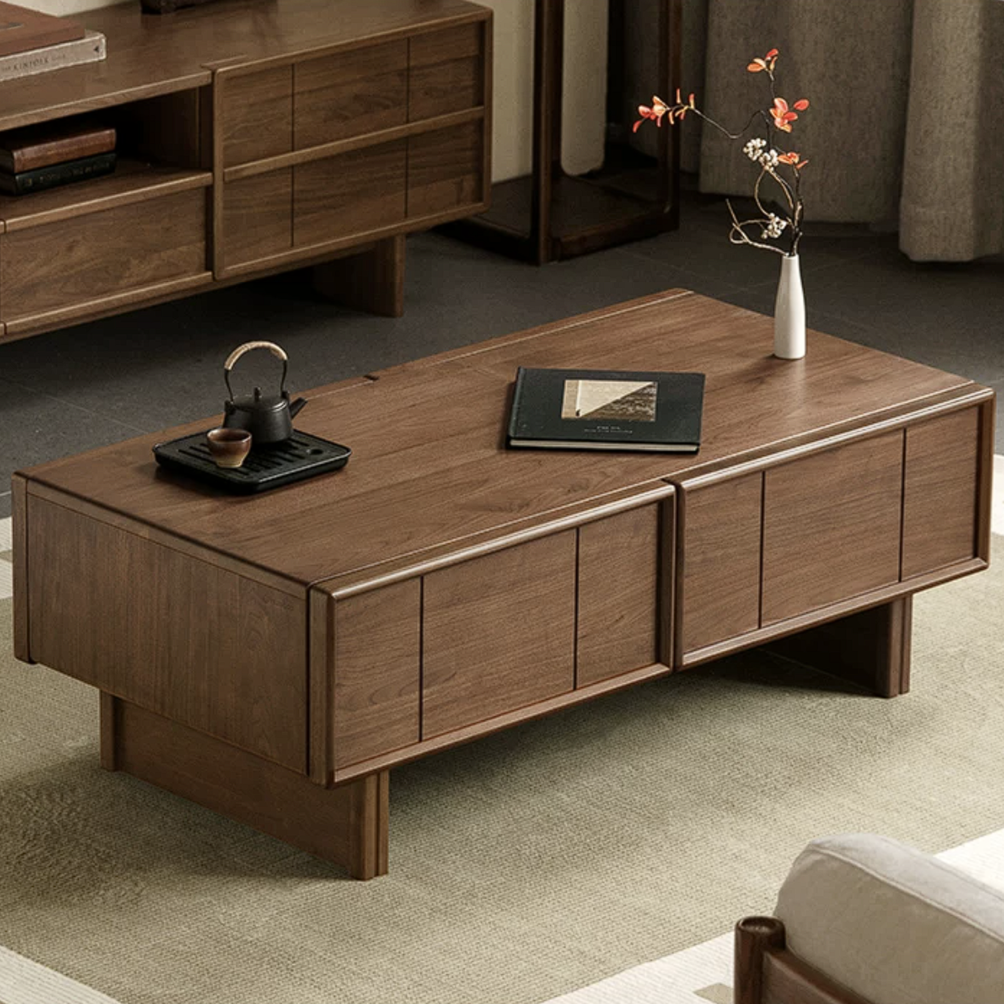 Black Walnut Solid Wood Coffee Table with Storage