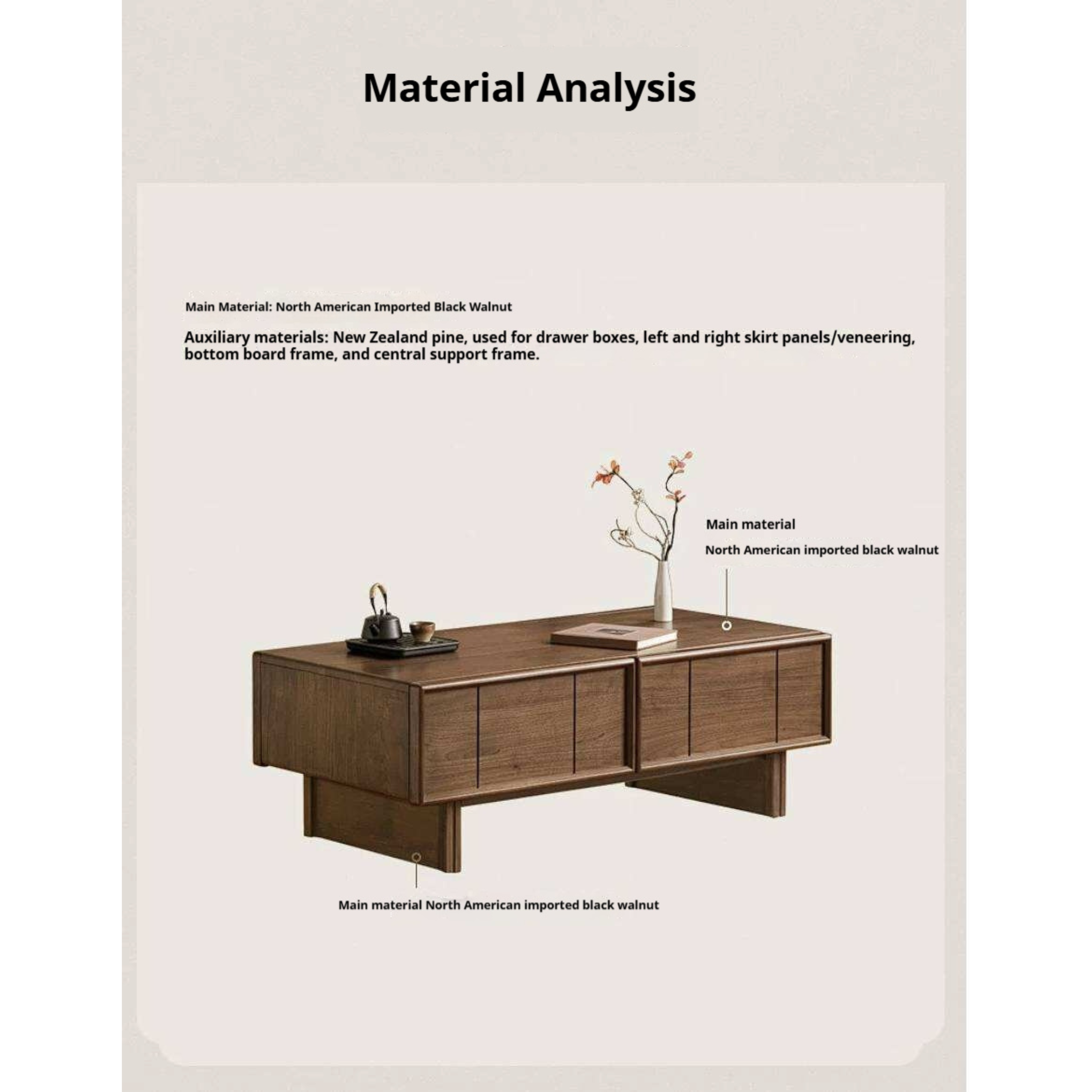 Black Walnut Solid Wood Coffee Table with Storage