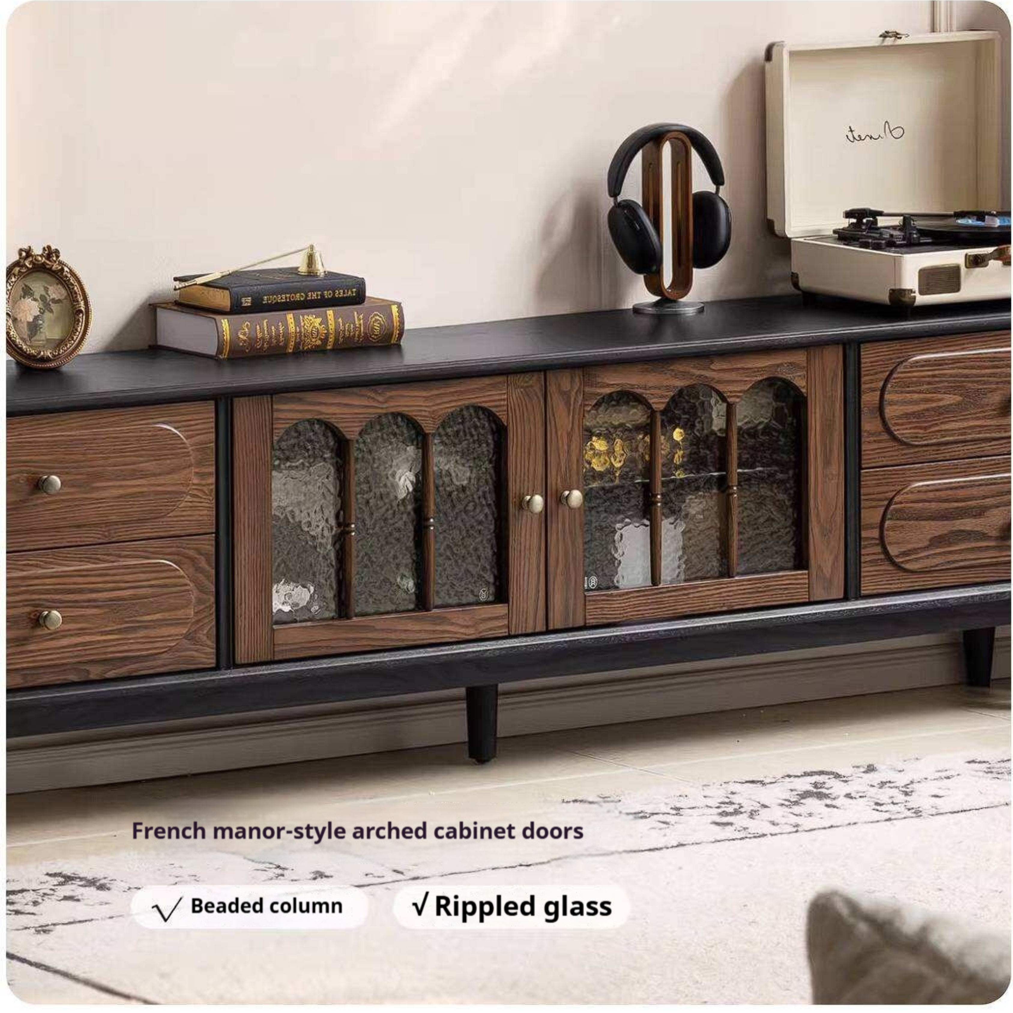 Ash Solid Wood TV Cabinet with Tall Storage and French Retro Design