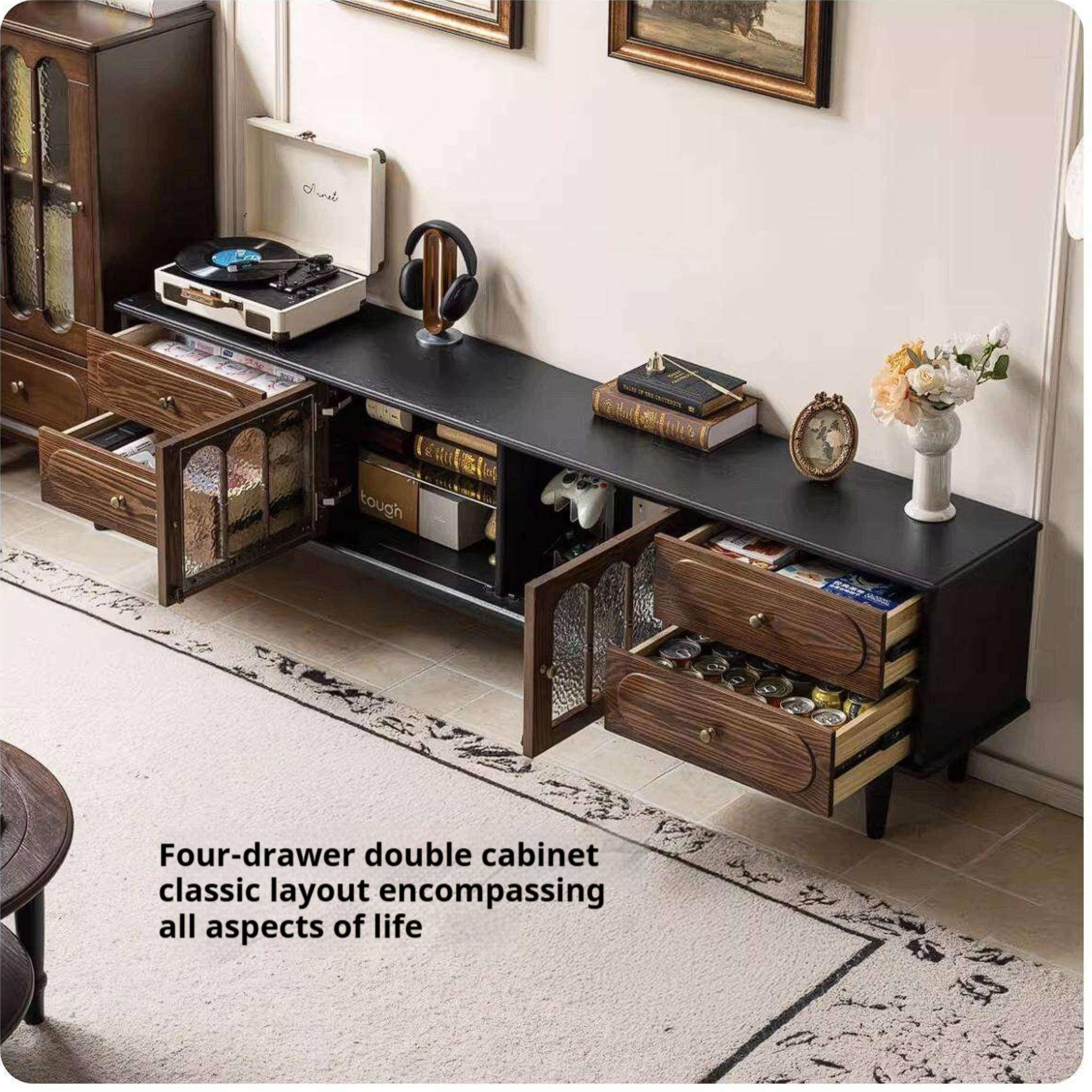 Ash Solid Wood TV Cabinet with Tall Storage and French Retro Design