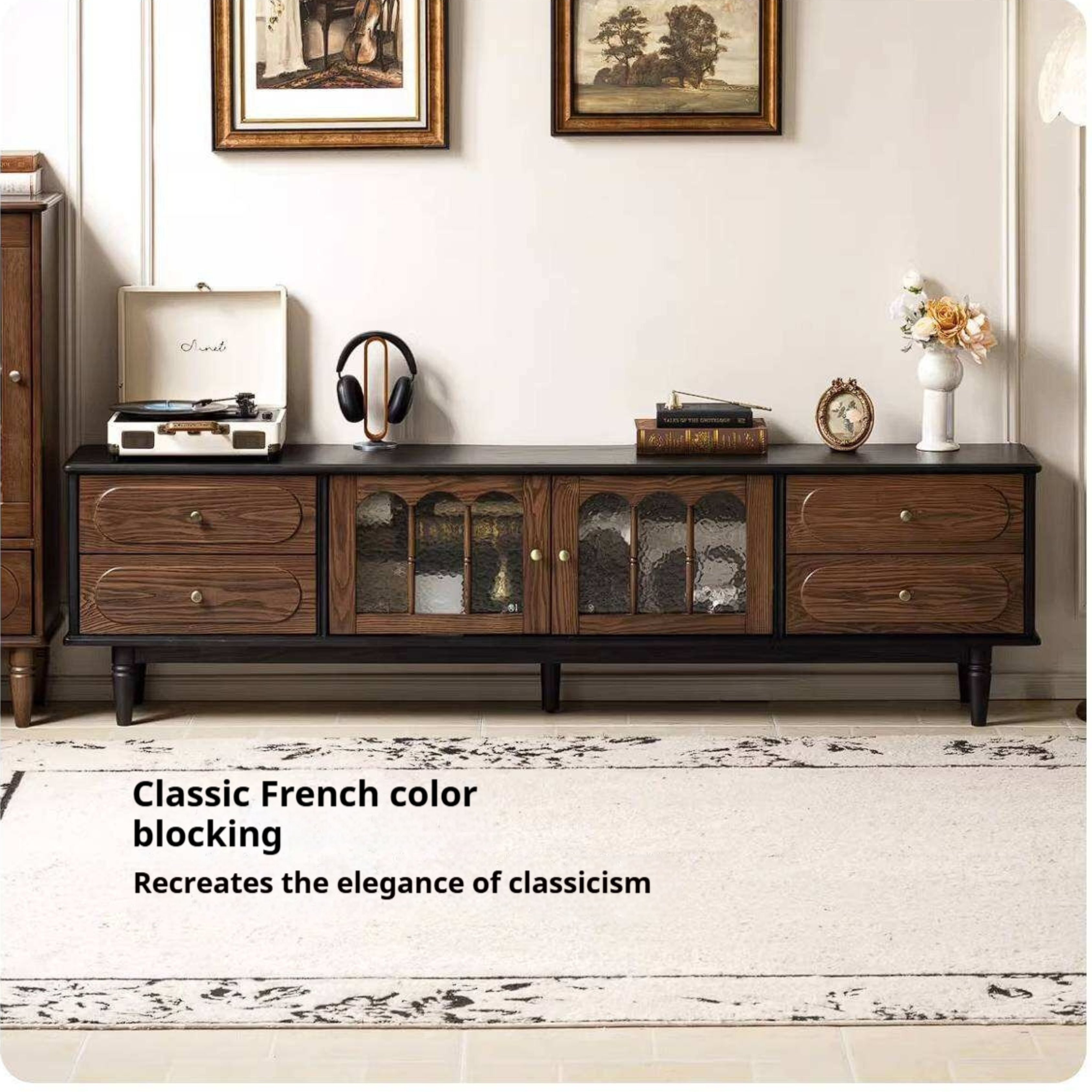 Ash Solid Wood TV Cabinet with Tall Storage and French Retro Design