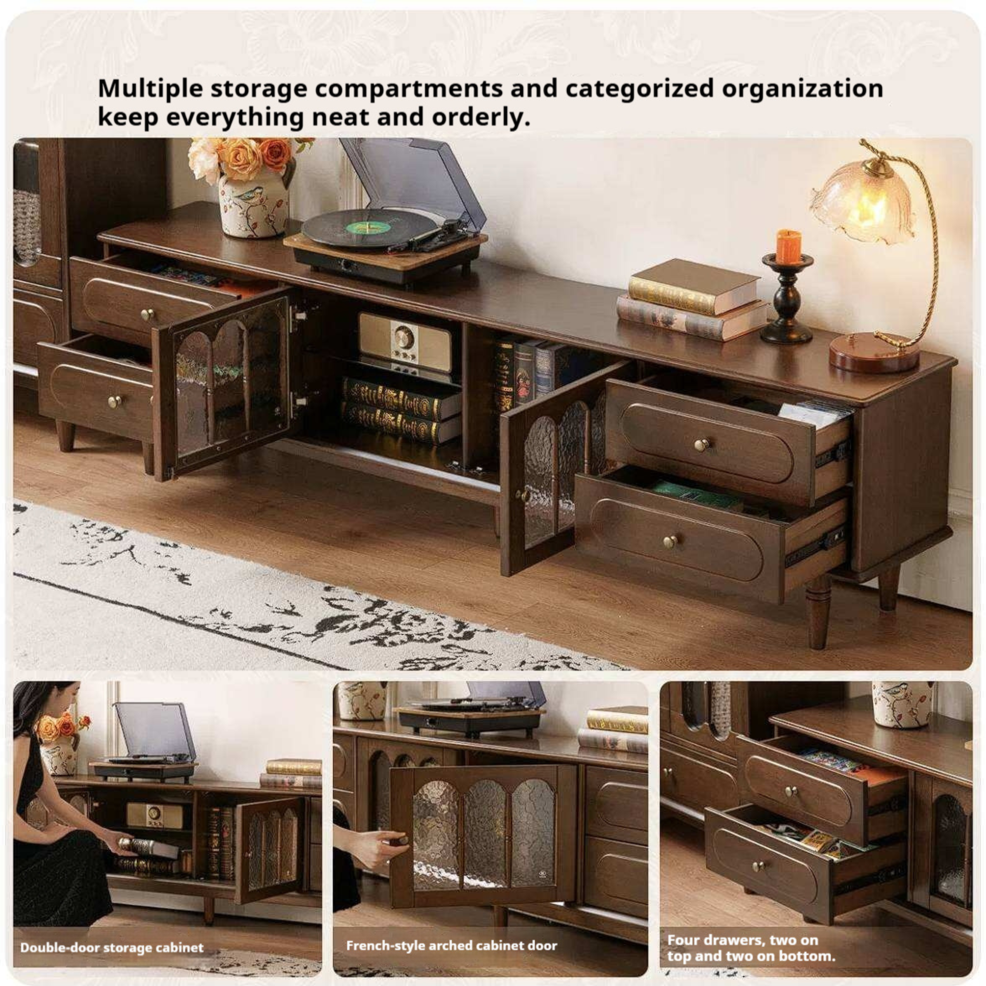 Golden Pearwood Solid Wood TV Stand French Retro Design