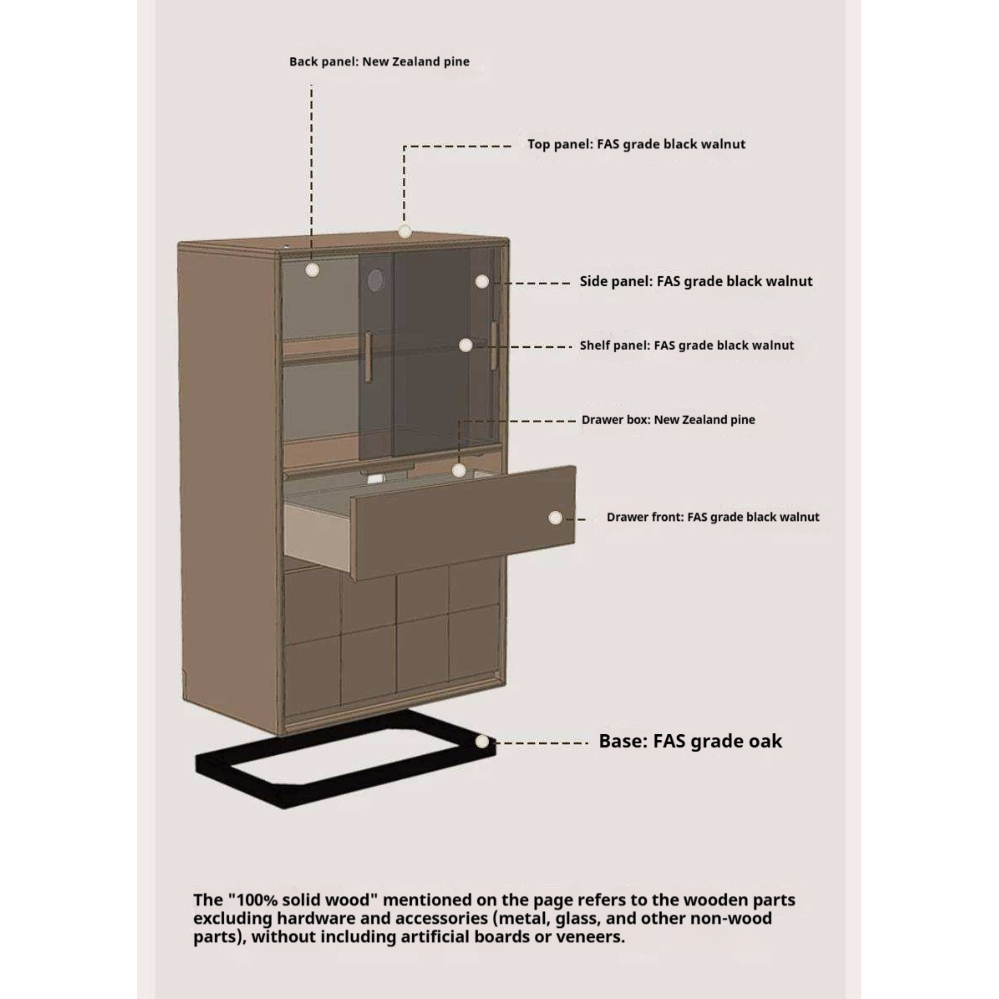 Black Walnut, Oak Solid Wood Side Cabinet with Integrated Lighting and Minimalist Design