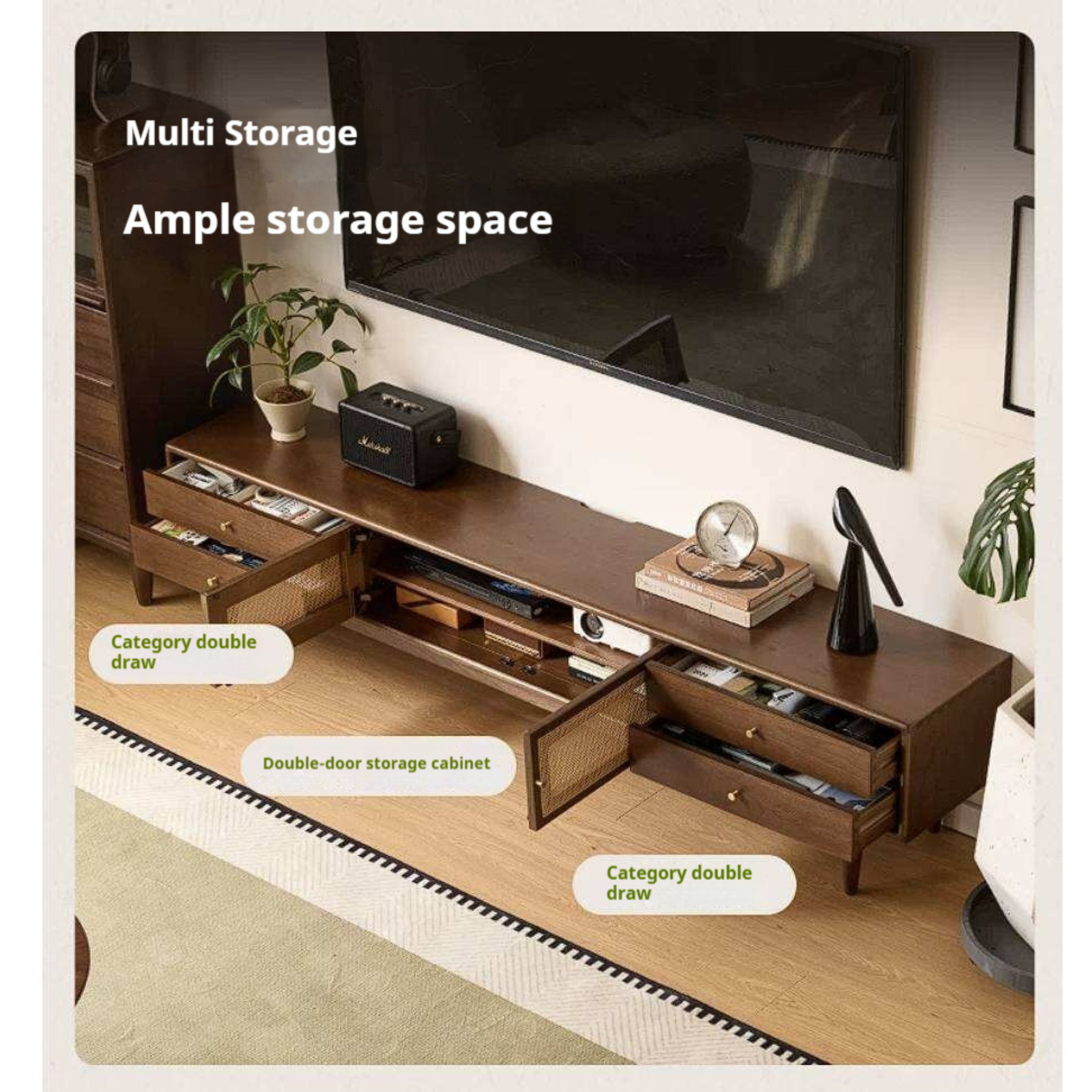 Birch Solid Wood TV Cabinet with Rattan Storage Design