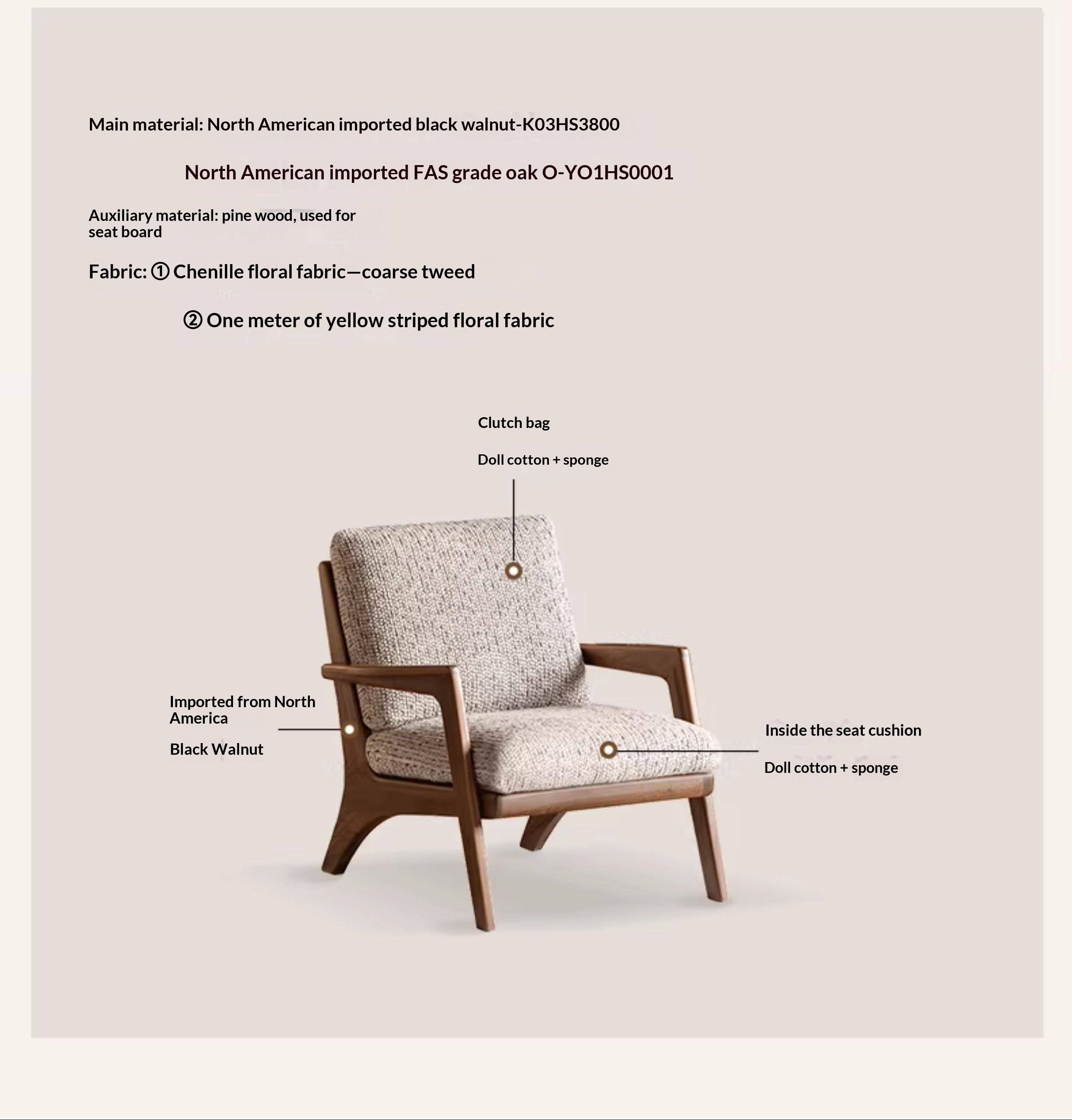 2 pcs -Black Walnut, Oak Solid Wood Lounge Armchair with Angled Frame and Open Armrests