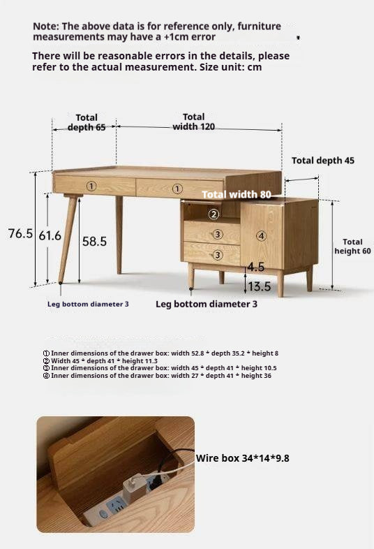 Ash Solid Wood Retractable Desk with Cabinet, Home Office