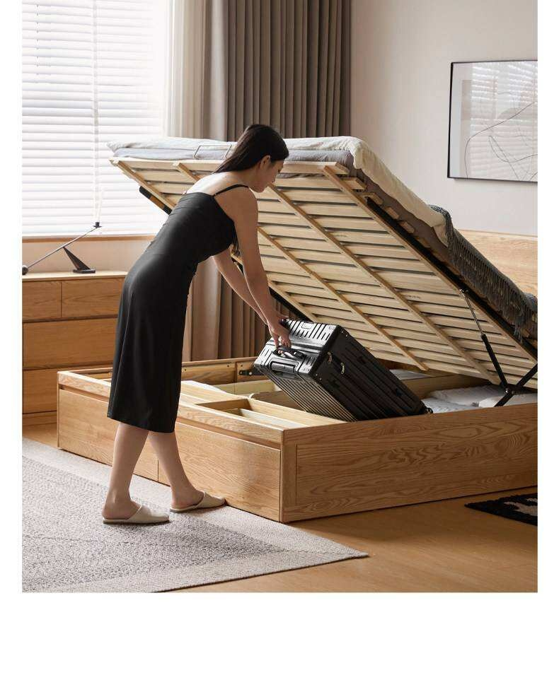 Oak Solid Wood Storage Bed with Hydraulic Lift-Up Frame and drawers