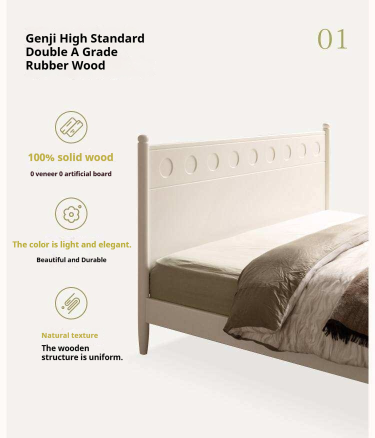 Rubberwood Solid Wood Platform Bed with Carved Dot Headboard and Spindle Legs