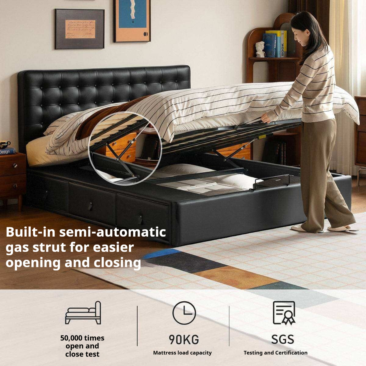 Genuine Leather Hydraulic Lift Storage Bed with Drawers