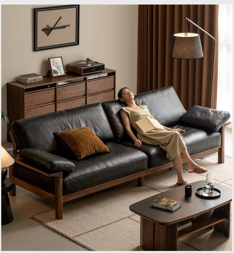 Black Walnut, Ash Solid Wood Wabi Sabi Style Genuine Leather Sofa, fabric sofa