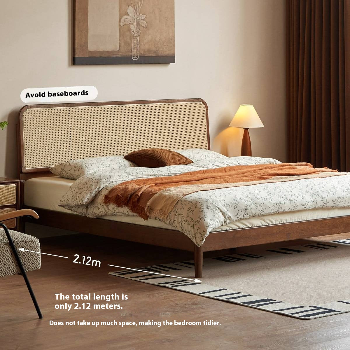Oak Solid Wood Rattan Bed