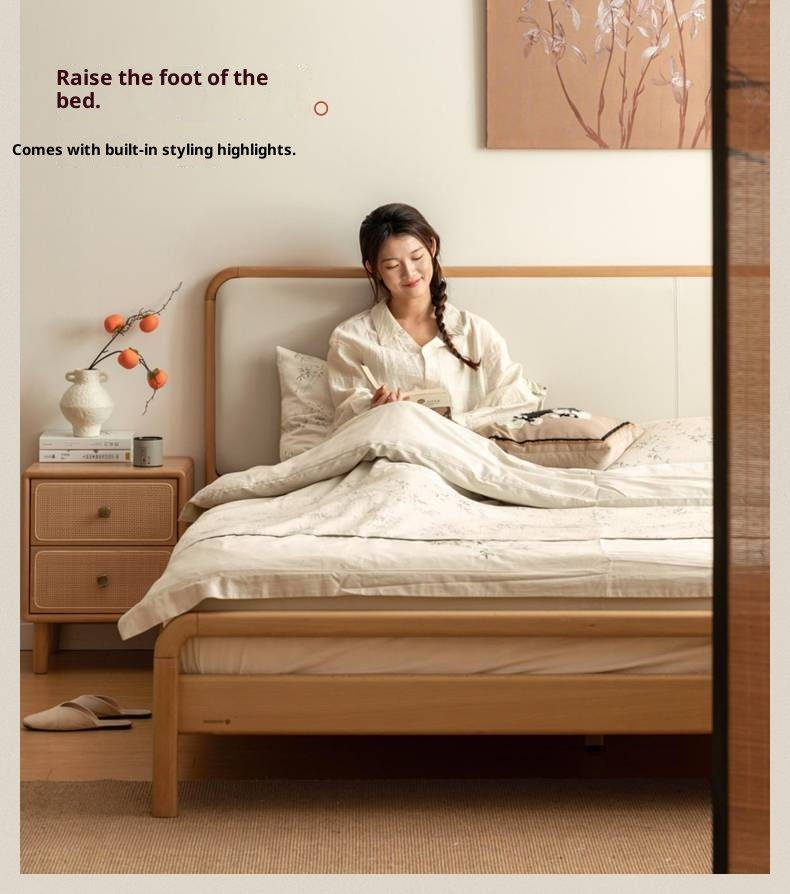 Beech Solid Wood Genuine Leather Soft Headboard Bed