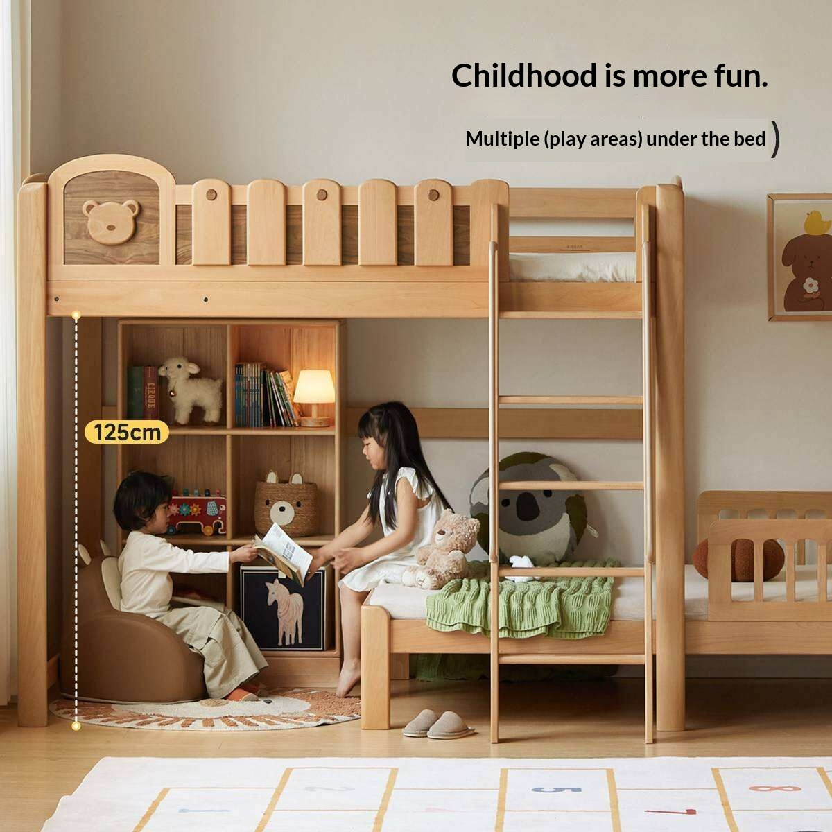 Beech Solid Wood L-Shaped Bunk Bed with Bookshelf Headboard and Detachable Guardrail