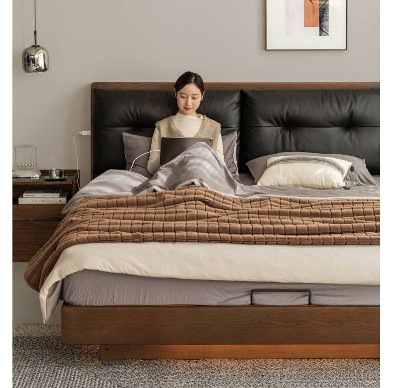 Oak Solid Wood Luxury Genuine Leather Box Bed