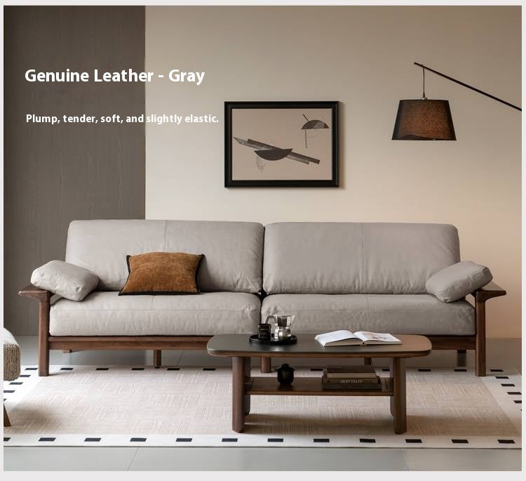 Black Walnut, Ash Solid Wood Wabi Sabi Style Genuine Leather Sofa, fabric sofa