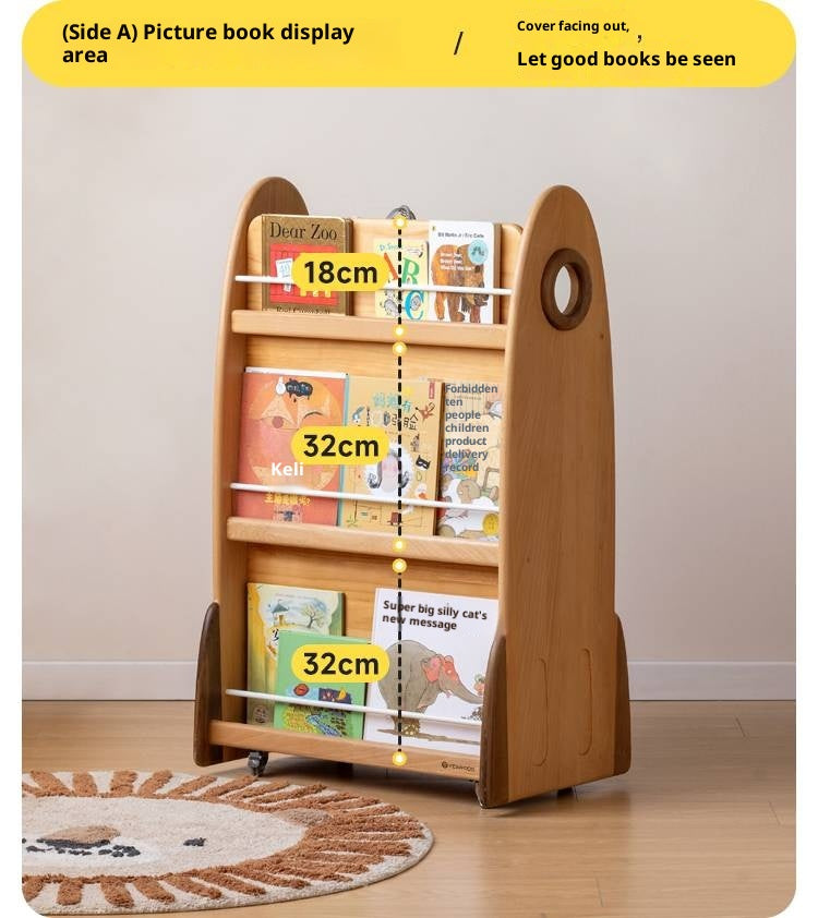 Beech Solid Wood Movable Double-Sided Floor-Standing Storage Children's Rack