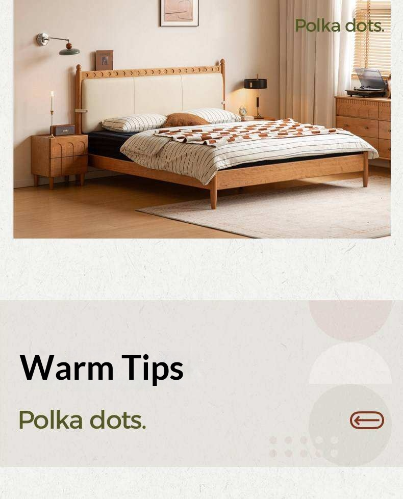 Cherry Solid Wood Double Bed with Vintage Style and Leather Upholstered Headboard