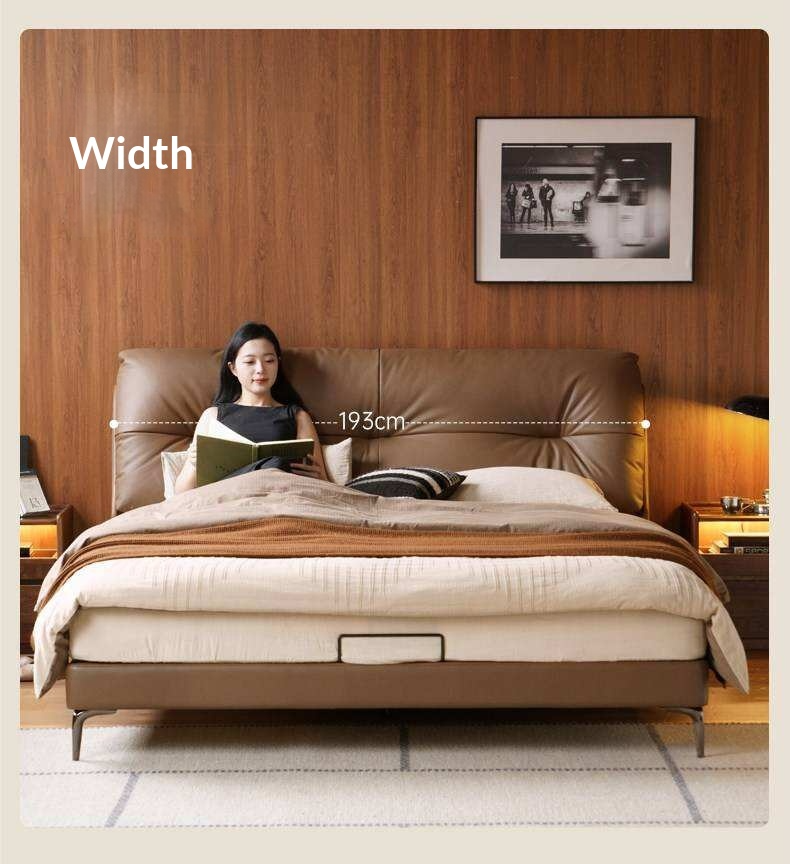Genuine Leather Platform Bed with Curved Tufted Headboard and Tapered Metal Legs