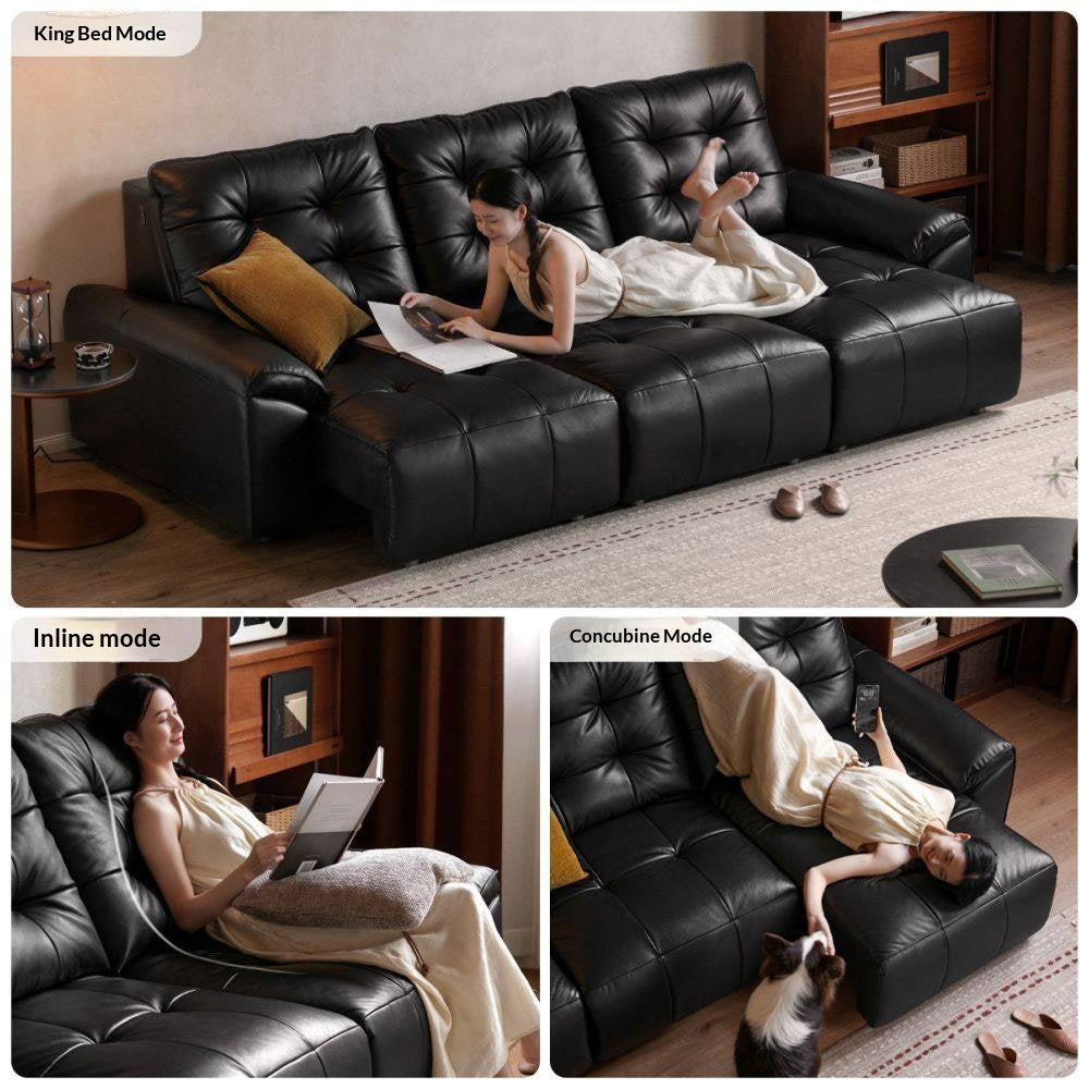 Genuine Leather Tufted Pull-Out Sleeper Sofa with Storage Chaise