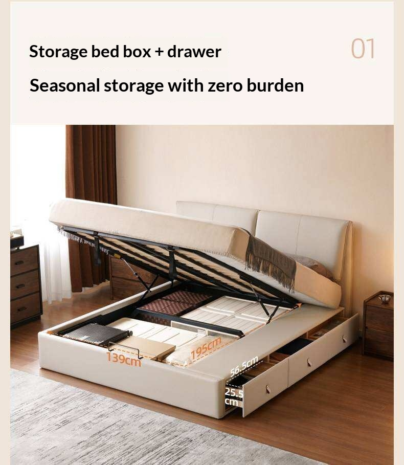 Genuine Leather Upholstered Lift-Up Storage Bed