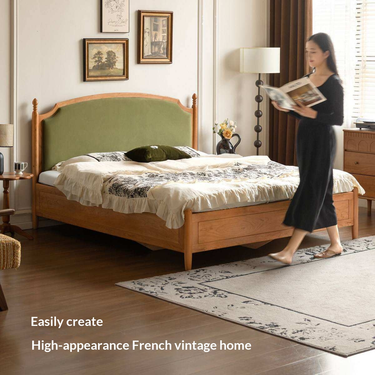 Cherry Solid Wood Box Bed with French Country Arched Upholstered Headboard and Spindle Posts