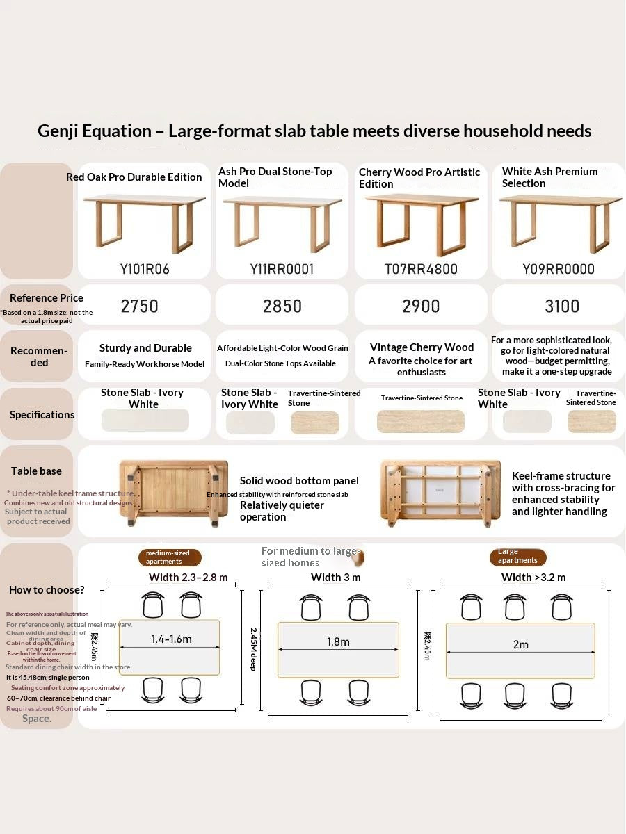 Ash, Oak Solid Wood Rectangular Dining Table with Block Base Wood Legs and Stone Top