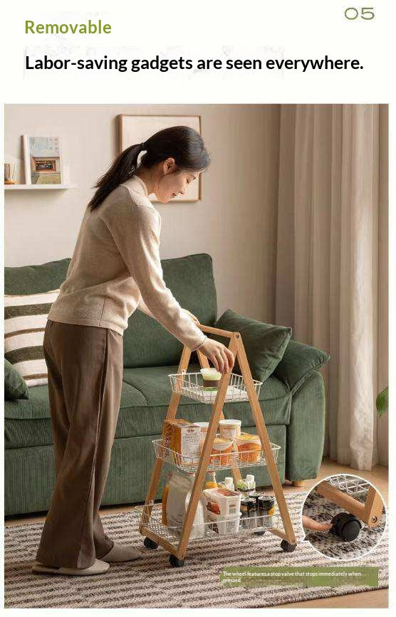 Beech Solid Wood Storage Rack with Multi-Layer and Mobile Trolley