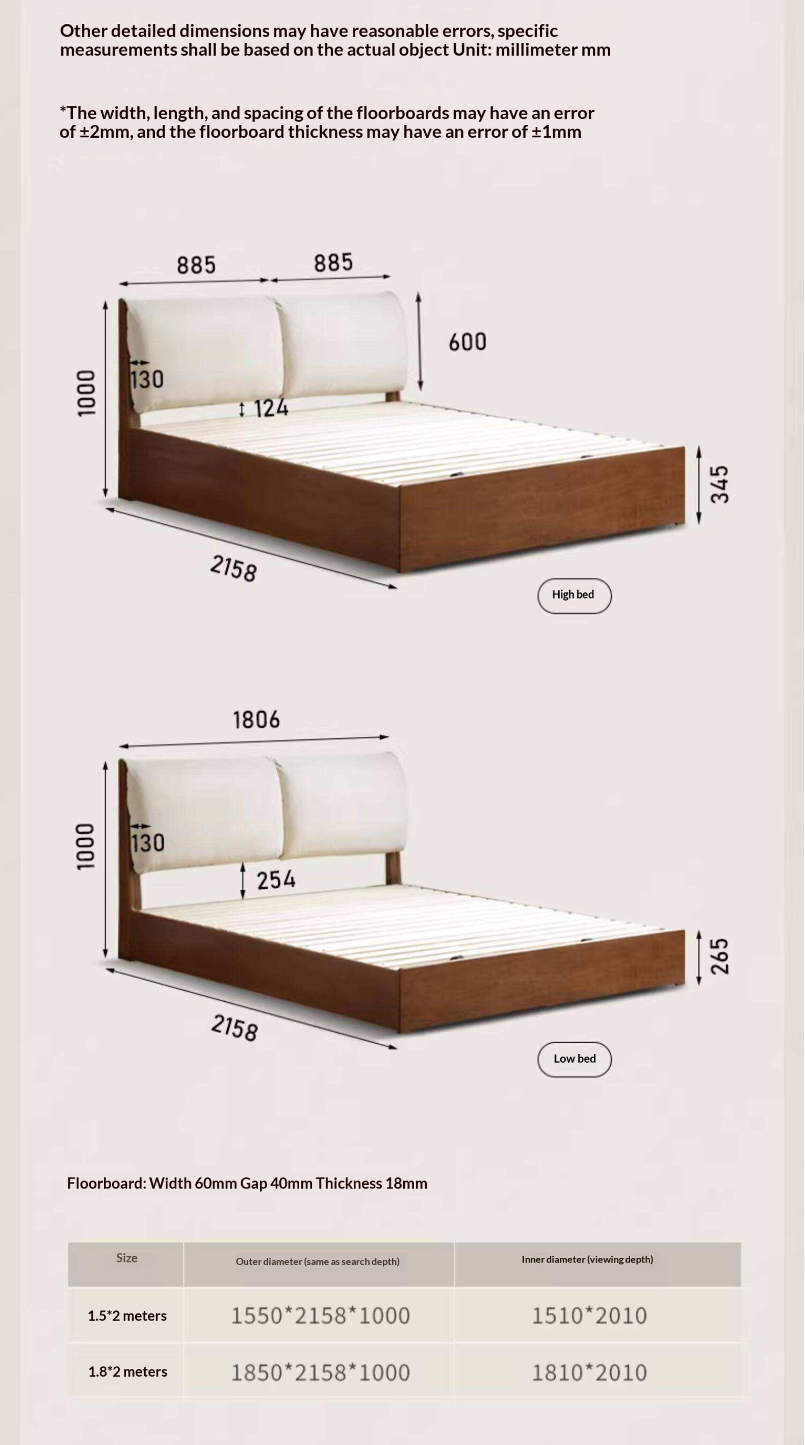 Rubberwood Solid Wood Storage Bed with Lift-Up Platform and Oversized Cushioned Headboard