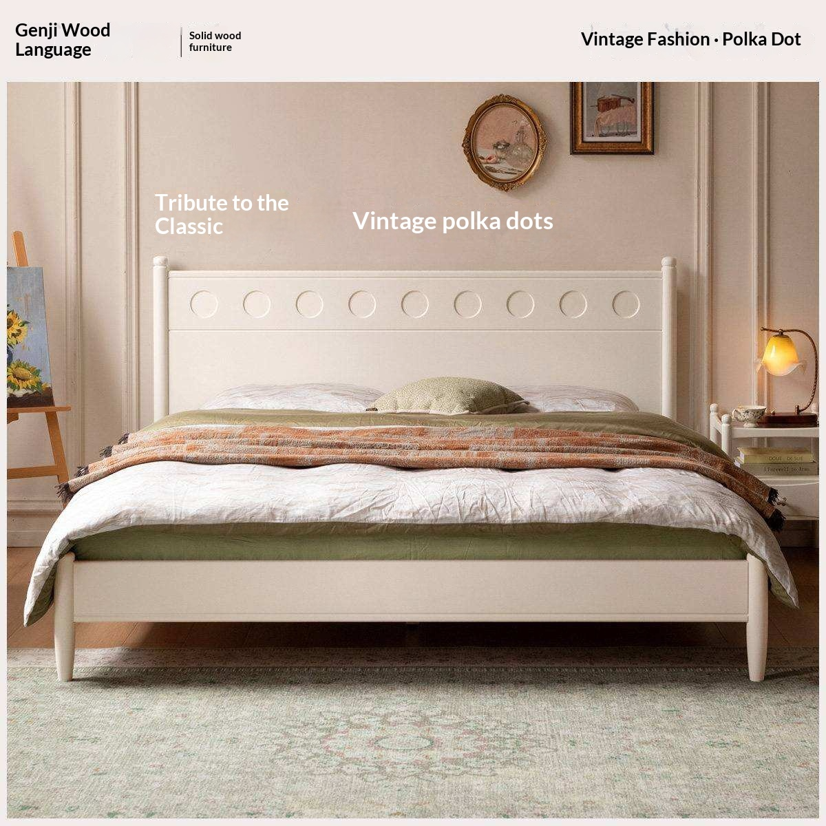 Rubberwood Solid Wood Platform Bed with Carved Dot Headboard and Spindle Legs