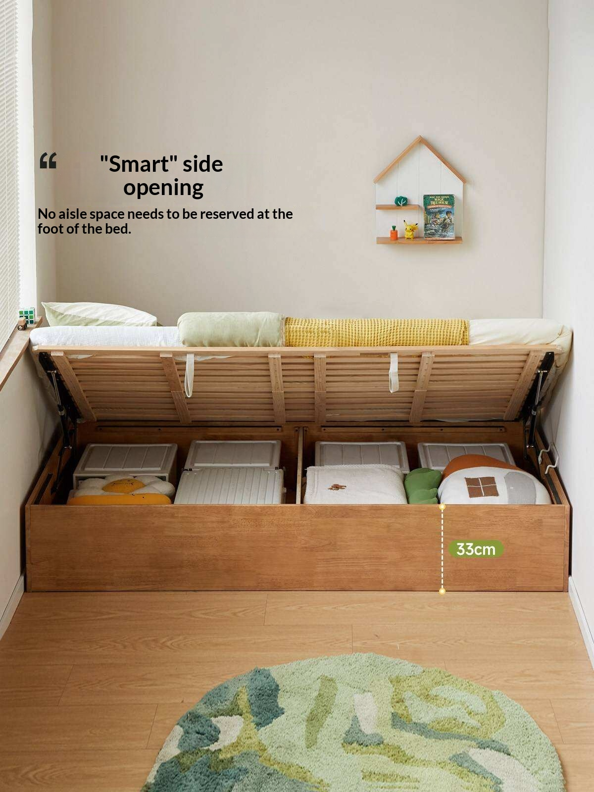 Oak Solid Wood Kids Storage Bed with End-Lift Opening