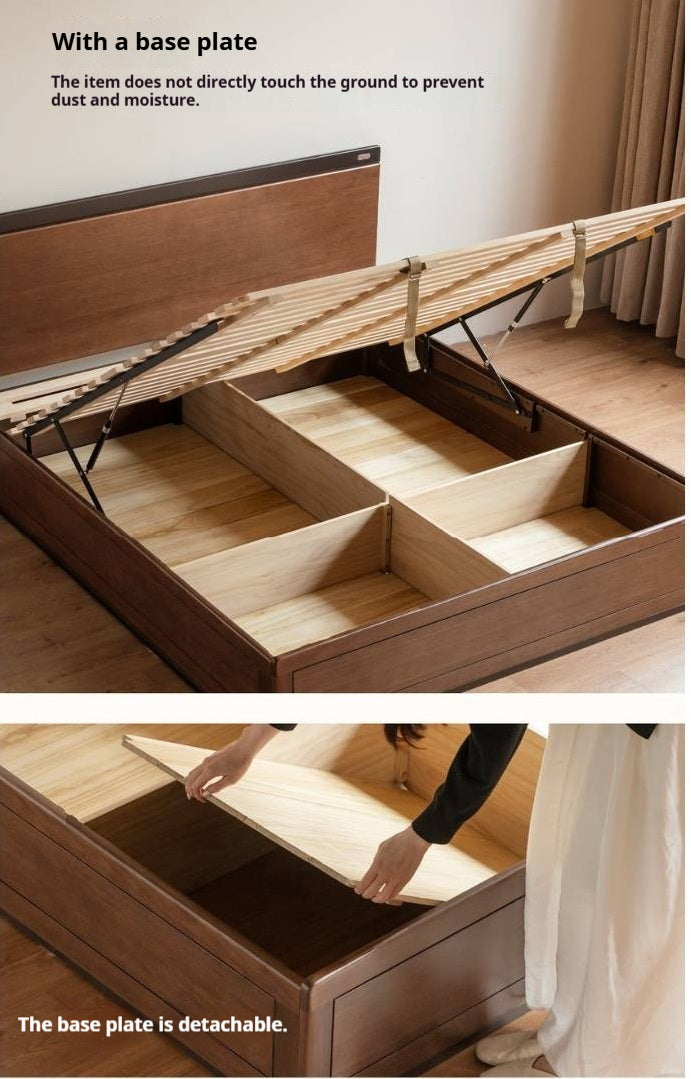Golden Rosewood Solid Wood Bauhaus Storage Bed with Full Lift-Up Storage Box and Color-Block Headboard