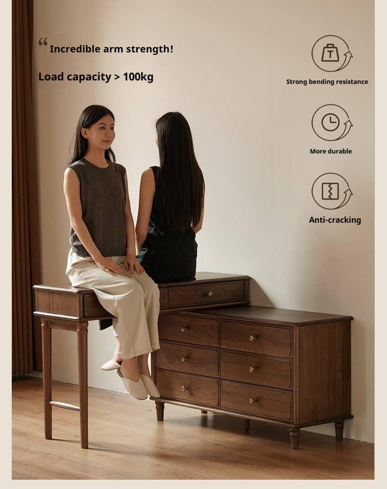 Black Walnut, Oak Solid Wood Extendable Vanity Desk and 6-Drawer Dresser Combo