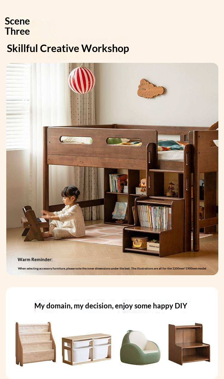 Rubberwood Solid Wood Mid-Height Kids Loft Bed with Staircase and Bookshelf Storage