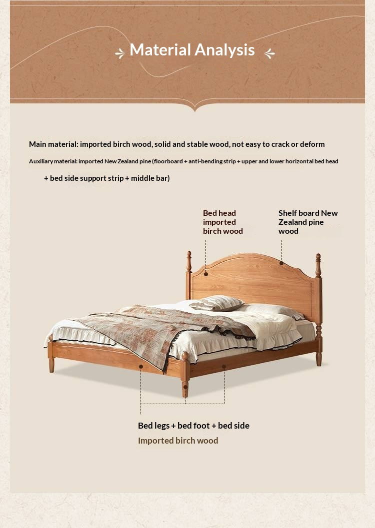 Birch Solid Wood Bed — French Retro Style, Large Slab Design, Mid-Range Style