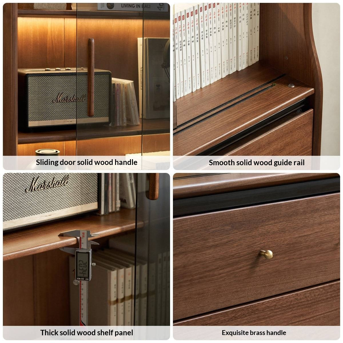 Black Walnut Solid Wood Bookcase with Interior Lighting