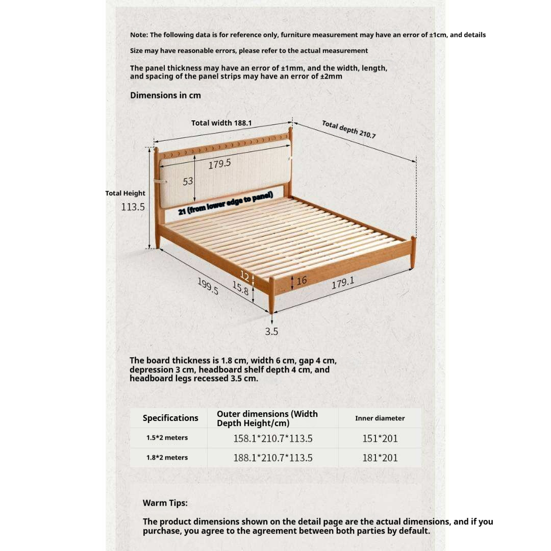 Cherry Solid Wood Double Bed with Vintage Style and Leather Upholstered Headboard
