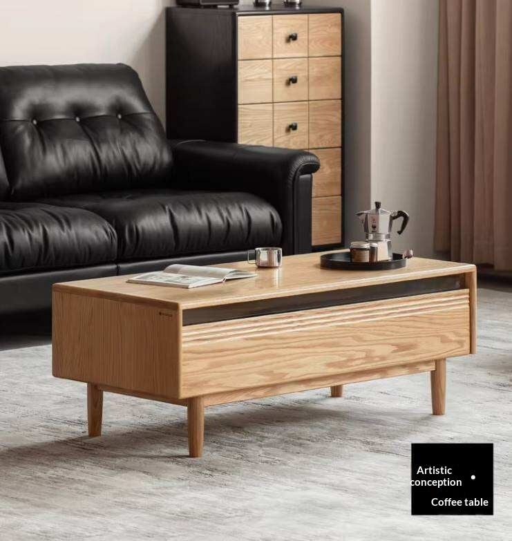 Oak Solid Wood Coffee Table with Integrated Drawer Storage