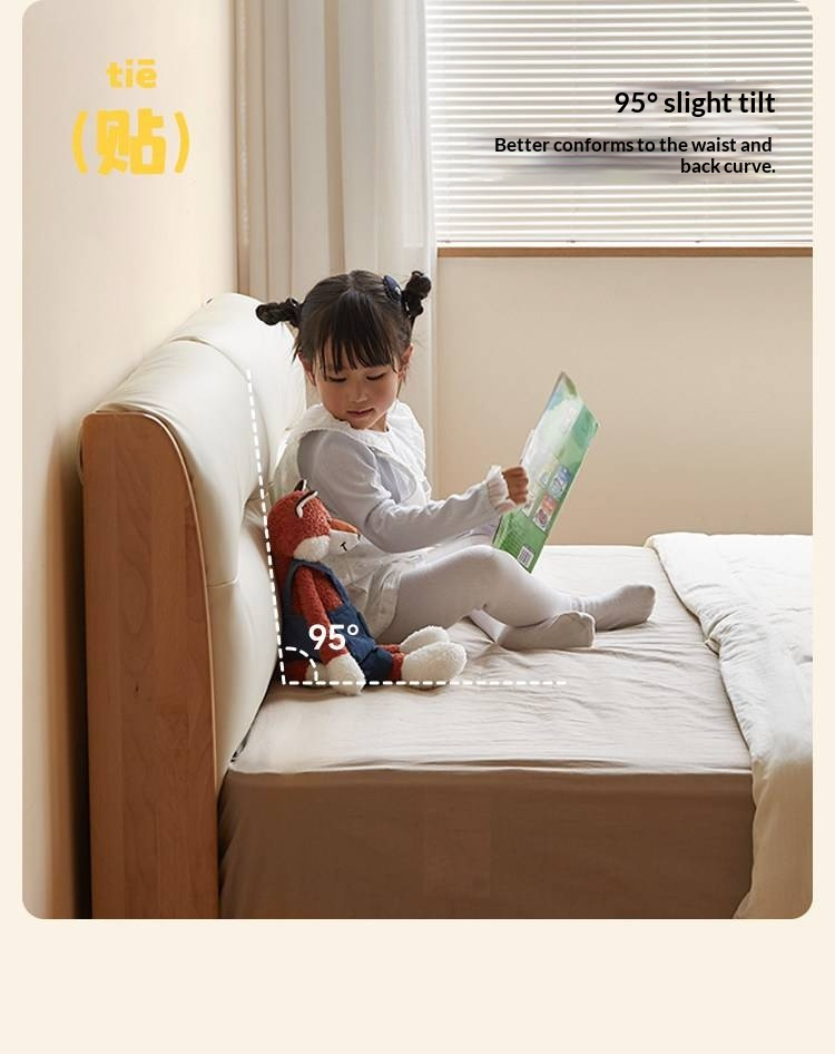 Beech Solid Wood Adjustable Height Kids Bed with Upholstered Segmented Headboard