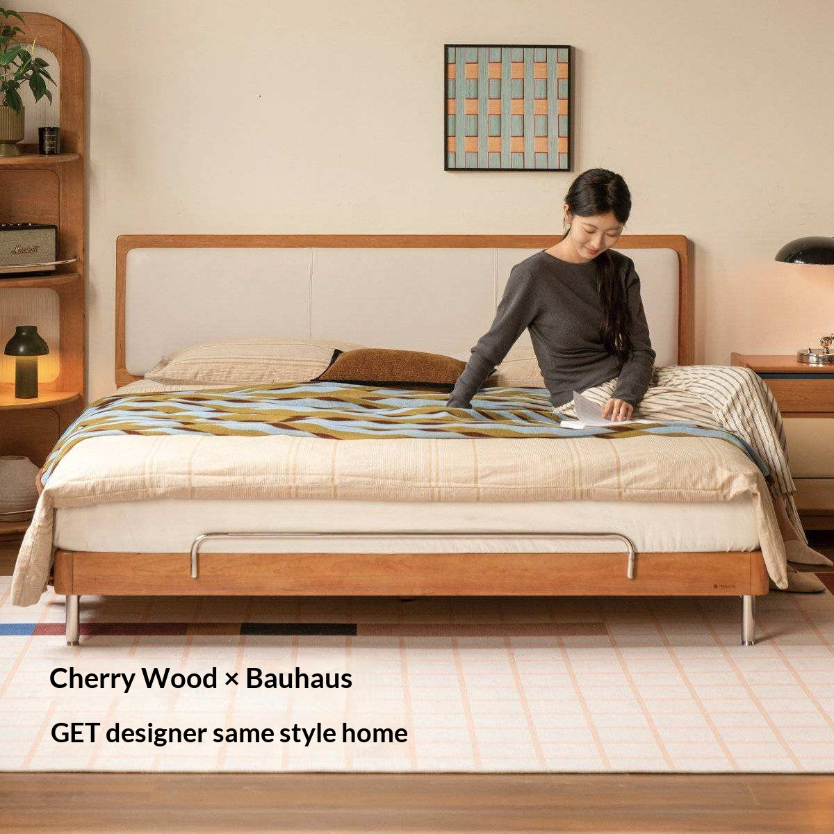 Cherry Solid Wood Bed with Modern Minimalist Design and Genuine Leather Headboard