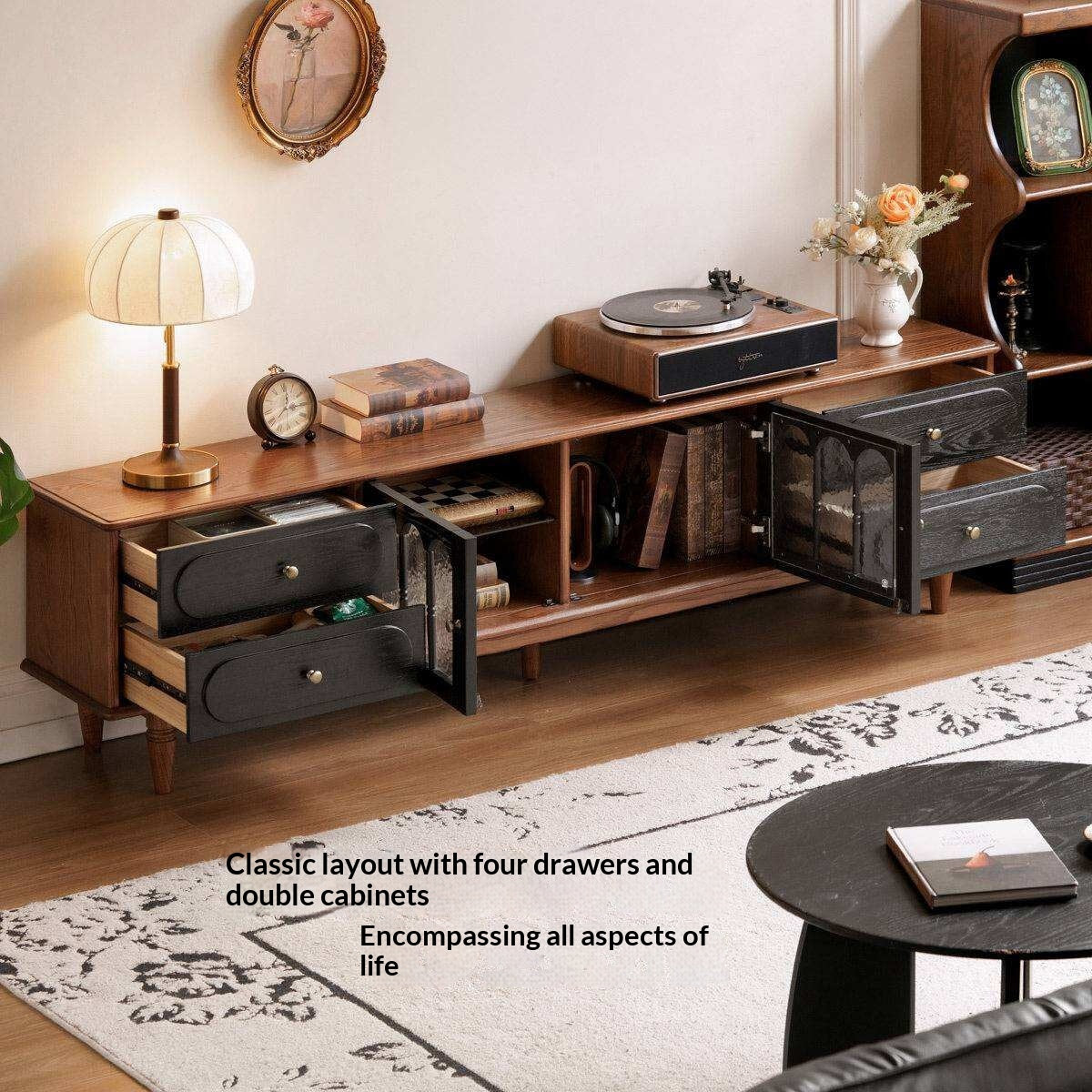 Black Walnut, Ash Solid Wood TV Cabinet with Integrated Storage, Vintage Style Floor Cabinet