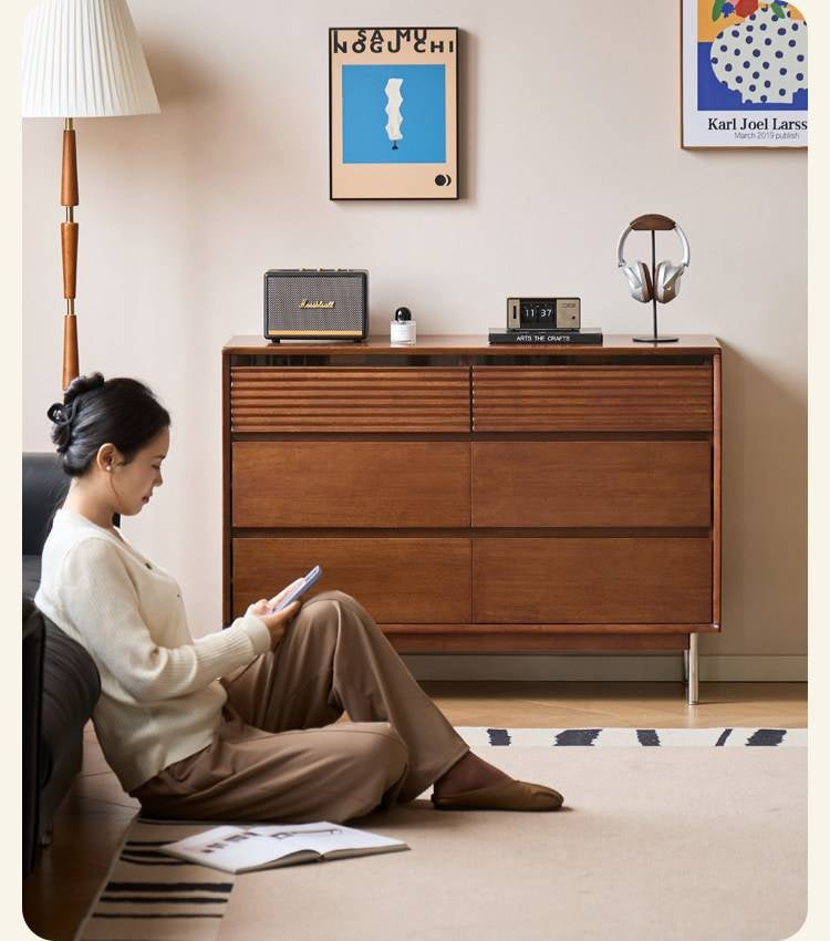 Rubberwood Solid 6-Drawer Dresser, Mid Century Bedroom Storage Cabinet