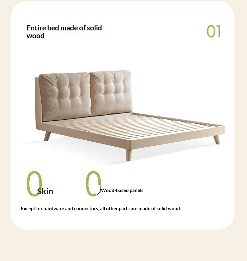 Oak, Rubberwood Solid Bed with Cream Finish — Casual Bedside with Soft Bag Backrest and White Soft Back